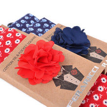 Load image into Gallery viewer, Feraricci Men’s Petite Flowers Cotton Skinny Tie Gift Set – Includes Matching Hanky & Lapel Flower (Red or Navy)
