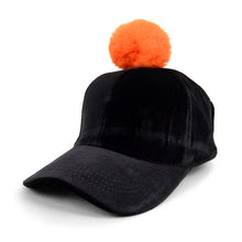 Load image into Gallery viewer, Black Velour Baseball Cap with Faux Fur Pom Pom – Adjustable | 3 Pom Colors