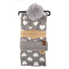 Load image into Gallery viewer, Nollia Women’s 2-Piece Reversible Hearts Knit Pom Hat & Infinity Scarf Set