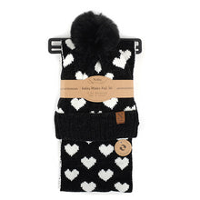 Load image into Gallery viewer, Nollia Women’s 2-Piece Reversible Hearts Knit Pom Hat & Infinity Scarf Set