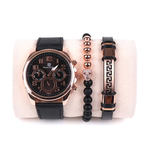Load image into Gallery viewer, Vincent Di Mani Men's Watch & Bracelet Gift Set – 3-Piece Rose Gold Black Leather Set