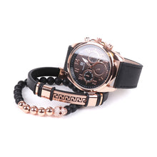Load image into Gallery viewer, Vincent Di Mani Men's Watch & Bracelet Gift Set – 3-Piece Rose Gold Black Leather Set