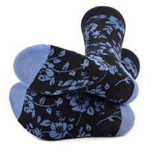 Load image into Gallery viewer, Parquet Men’s Blue Floral Pattern Novelty Crew Socks – Black & Blue