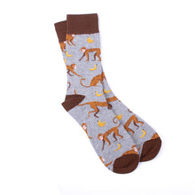 Load image into Gallery viewer, Parquet Men’s Monkey & Banana Novelty Crew Socks – Grey & Brown