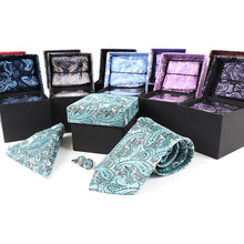 Load image into Gallery viewer, Clericci 12pc Paisley Poly Woven Tie, Hanky & Cufflink Gift Set – Assorted Prepack in Fabric Boxes