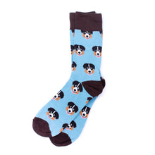 Load image into Gallery viewer, Parquet Men’s Australian Shepherd Novelty Crew Socks – Light Blue & Brown