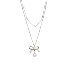 Load image into Gallery viewer, Silver Pearl Bow Pendant Necklace – Adjustable 15" to 17.5"