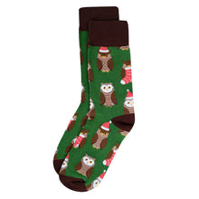 Load image into Gallery viewer, Parquet Men’s Holiday Owl Novelty Crew Socks – Green & Brown
