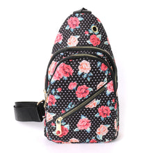 Load image into Gallery viewer, Trendy Floral and Polka Dot Sling Bag with Gold Accents W/ Adjustable Strap