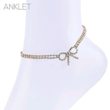 Load image into Gallery viewer, Gold Rhinestone Dainty 2-Line Bow Anklet – Elegant Adjustable Women’s Jewelry