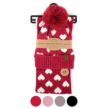 Load image into Gallery viewer, Nollia Women’s 2-Piece Reversible Hearts Knit Pom Hat & Infinity Scarf Set
