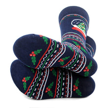 Load image into Gallery viewer, Parquet Snow Globe Novelty Crew Socks – Navy Christmas Theme