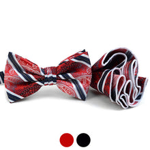 Load image into Gallery viewer, Laurant Bennet Red & Black Banded Bow Tie & Matching Round Hanky Set