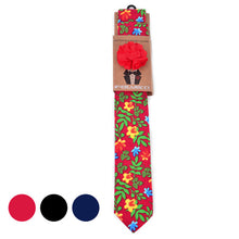 Load image into Gallery viewer, Feraricci Men’s Bright Floral Cotton Skinny Tie Gift Set – Includes Pocket Square & Lapel Flower (Red, Navy, or Black)