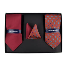 Load image into Gallery viewer, Umo Lorenzo Burgundy Dotted & Solid Tie with Matching Hanky Gift Box Set – 4pc Men’s Formal Accessory Set