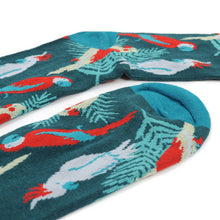 Load image into Gallery viewer, Parquet Men’s Tropical Bird Novelty Crew Socks – Teal with Light Blue & Red