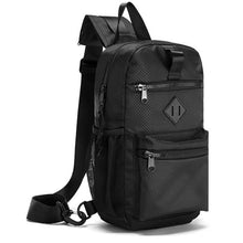 Load image into Gallery viewer, Black Polyester Sling Bag with 3 Zipper Compartments – Spacious & Adjustable