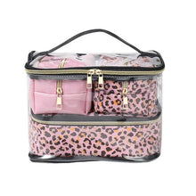 Load image into Gallery viewer, Nollia 4-Piece Makeup Bag Set – Pink Leopard & Clear Vegan Leather Travel Cosmetic Organizer Case