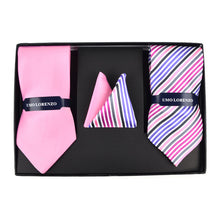 Load image into Gallery viewer, Umo Lorenzo Pink Striped & Solid Tie with Matching Hanky Gift Box Set – 4pc Men’s Formal Accessory Set