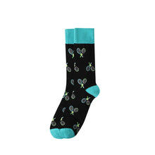 Load image into Gallery viewer, Parquet Men’s Tennis Racket Novelty Crew Socks – Black & Teal