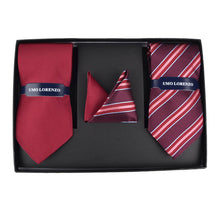 Load image into Gallery viewer, Umo Lorenzo Burgundy Striped & Solid Tie with Matching Hanky Gift Box Set – 4pc Men’s Formal Accessory Set