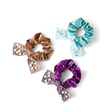 Load image into Gallery viewer, Nollia 3-Pack Shiny Velvet Scrunchie Set with Pearl Ribbon – Elegant Hair Accessories