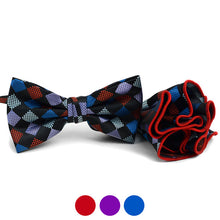 Load image into Gallery viewer, Laurant Bennet Checkered Pattern Banded Bow Tie & Matching Hanky Pocket Round Set