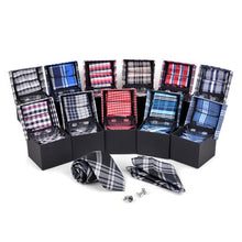 Load image into Gallery viewer, Clericci 12pc Plaid Poly Woven Tie, Hanky & Cufflink Gift Set – Assorted Prepack in Matching Fabric Boxes