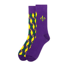Load image into Gallery viewer, Parquet Men’s Mardi Gras Novelty Crew Socks – Purple with Green & Yellow Design