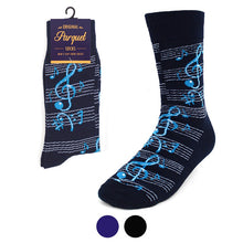 Load image into Gallery viewer, Parquet Men’s Music Notes Novelty Crew Socks – Navy or Black