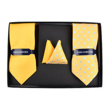 Load image into Gallery viewer, Umo Lorenzo Dotted & Solid Yellow Tie with Matching Hanky Gift Box Set – 4pc Polyester Formalwear Set