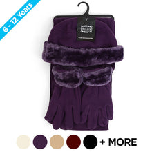 Load image into Gallery viewer, Nollia Kid’s Fleece Winter Hat, Scarf & Gloves Set with Faux Fur Trim – 6 to 12 Years