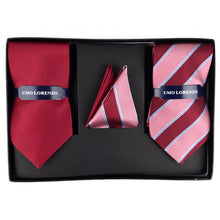 Load image into Gallery viewer, Umo Lorenzo Burgundy Big Striped & Solid Tie with Matching Hanky Gift Box Set – 4pc Formal Polyester Accessory Set