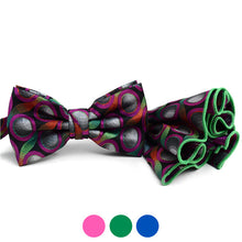 Load image into Gallery viewer, Laurant Bennet Circle Pattern Banded Bow Tie & Matching Hanky Pocket Round Set