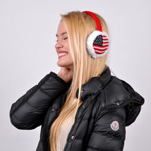 Load image into Gallery viewer, American Flag Knit Winter Ear Muffs with White Fur Trim – Adjustable Over-the-Head Design