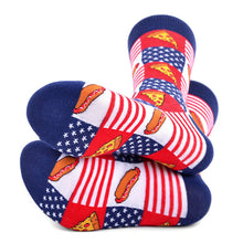 Load image into Gallery viewer, Parquet Men’s American Flag Foodie Novelty Crew Socks – Hot Dogs & Pizza