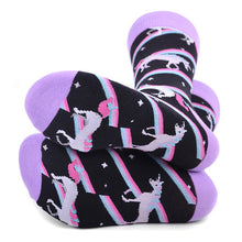 Load image into Gallery viewer, Parquet Men’s Unicorn Design Novelty Crew Socks – Black & Lavender