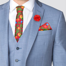Load image into Gallery viewer, Feraricci Men’s Bright Floral Cotton Skinny Tie Gift Set – Includes Pocket Square & Lapel Flower (Red, Navy, or Black)