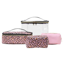 Load image into Gallery viewer, Nollia 4-Piece Makeup Bag Set – Pink Leopard & Clear Vegan Leather Travel Cosmetic Organizer Case