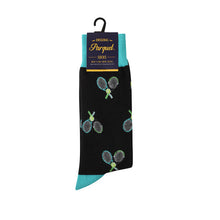 Load image into Gallery viewer, Parquet Men’s Tennis Racket Novelty Crew Socks – Black & Teal