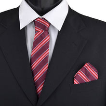 Load image into Gallery viewer, Umo Lorenzo Burgundy Striped & Solid Tie with Matching Hanky Gift Box Set – 4pc Men’s Formal Accessory Set