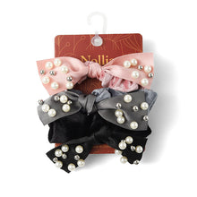 Load image into Gallery viewer, Nollia 3-Pack Velvet Scrunchie Set with Pearl Ribbon – Classic Neutrals Collection