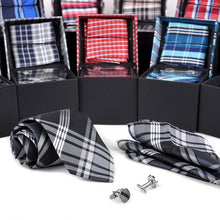 Load image into Gallery viewer, Clericci 12pc Plaid Poly Woven Tie, Hanky & Cufflink Gift Set – Assorted Prepack in Matching Fabric Boxes