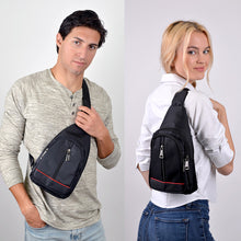 Load image into Gallery viewer, Black Nylon Sling Bag with Red Lining and Zipper Compartments