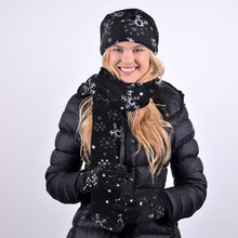 Load image into Gallery viewer, Nollia Women’s Black Fleece Snowflake Winter Hat, Scarf & Gloves Set