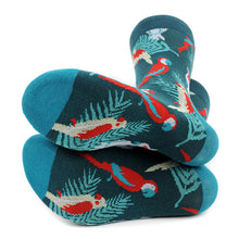 Load image into Gallery viewer, Parquet Men’s Tropical Bird Novelty Crew Socks – Teal with Light Blue & Red