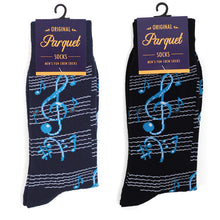 Load image into Gallery viewer, Parquet Men’s Music Notes Novelty Crew Socks – Navy or Black