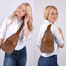 Load image into Gallery viewer, Brown Vegan Leather Crossbody Sling Bag - Multi-Pocket, Hands-Free Earphone Hole