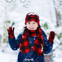 Load image into Gallery viewer, Nollia Kid’s Red Plaid Fleece Winter Hat, Scarf & Gloves Set (Ages 6–12)