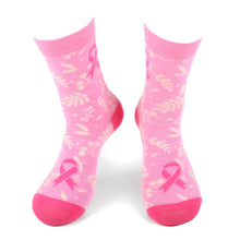 Load image into Gallery viewer, Parquet Women’s Light Pink Leaf Pattern Breast Cancer Awareness Crew Socks
